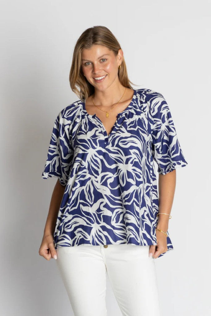 Rochester Frill Sleeve Top in Ocean / Ink