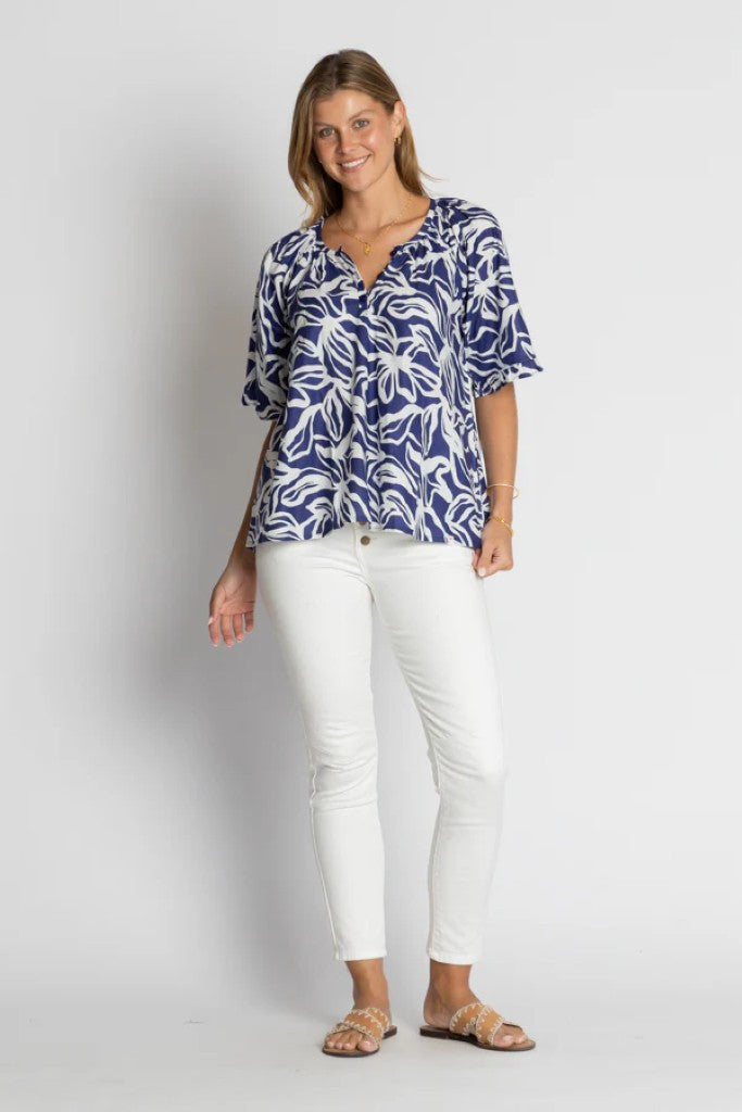 Rochester Frill Sleeve Top in Ocean / Ink