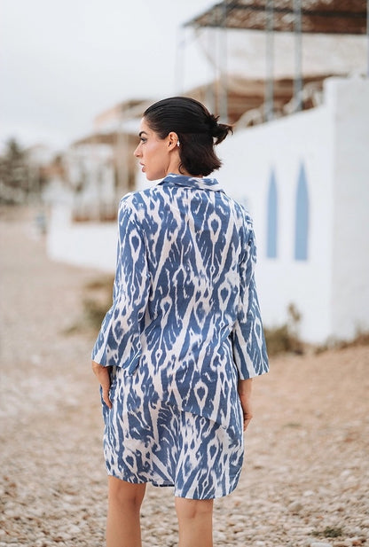 Beaded Cotton Shirt Dress in Blue/Grey Ikat