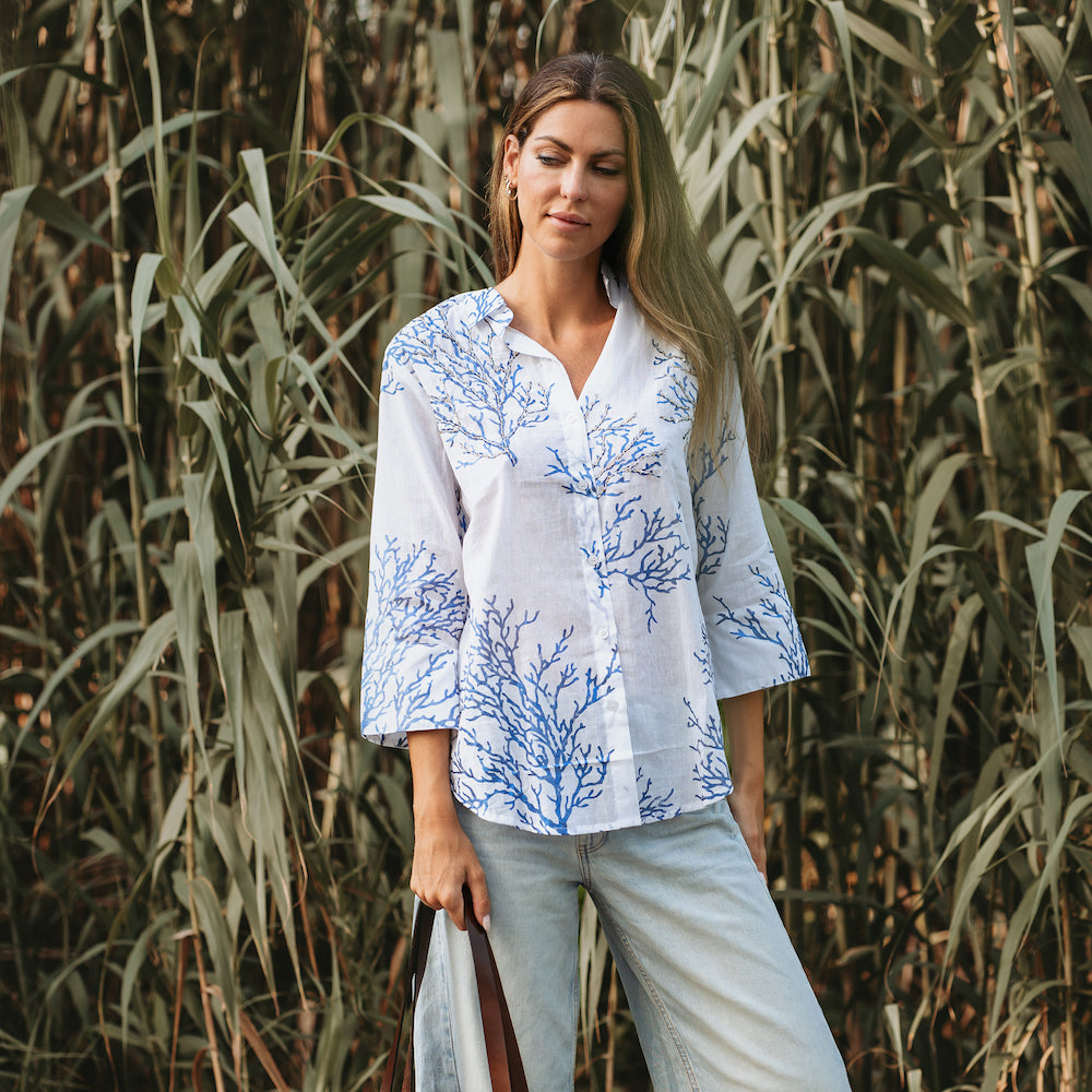 Beaded Cotton Shirt in Blue/White