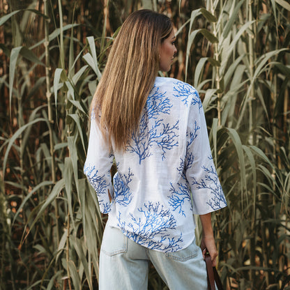 Beaded Cotton Shirt in Blue/White