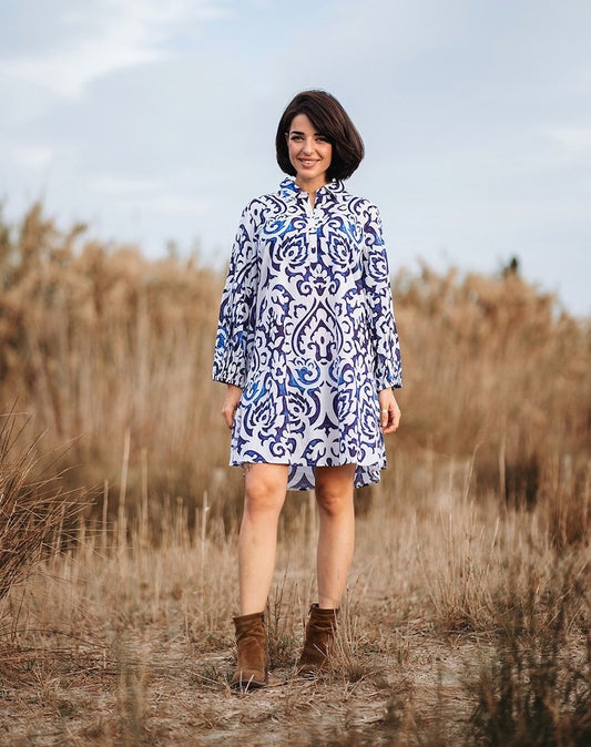 Elastic Sleeve Cotton Shirt Dress in Navy