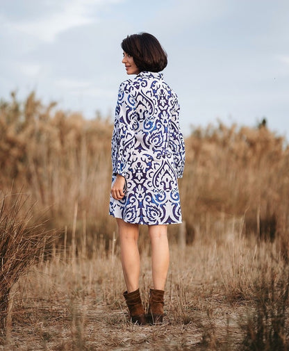 Elastic Sleeve Cotton Shirt Dress in Navy