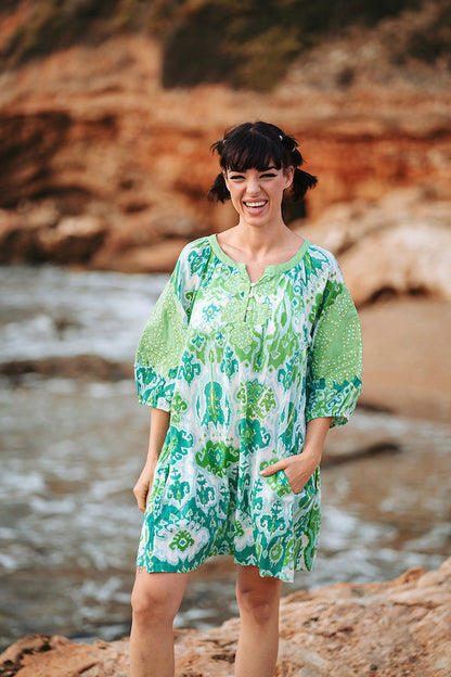 Puff Sleeve Cotton Dress in Green