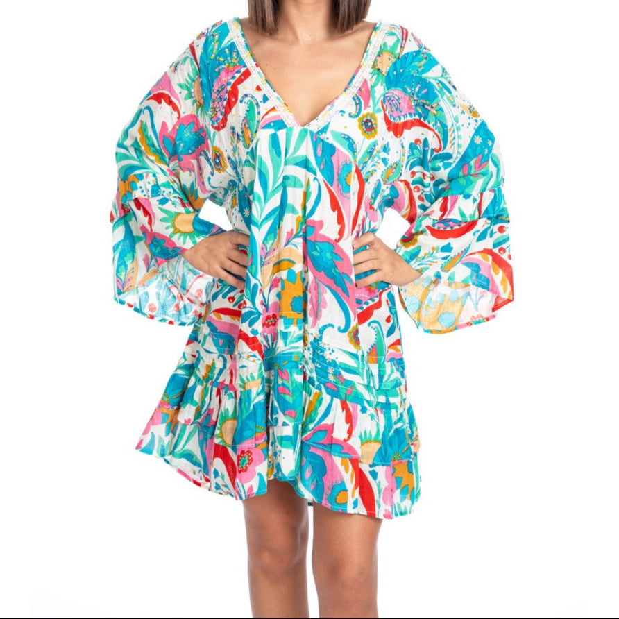 Beaded Cotton Short Dress in Pink / Blue Multi