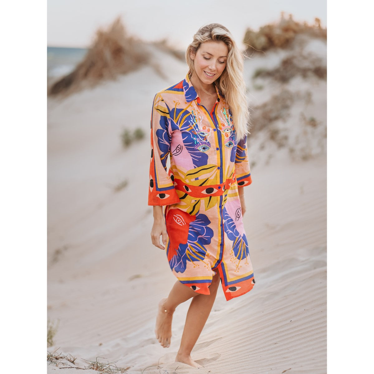 Beaded Shirt Dress in Eye Print