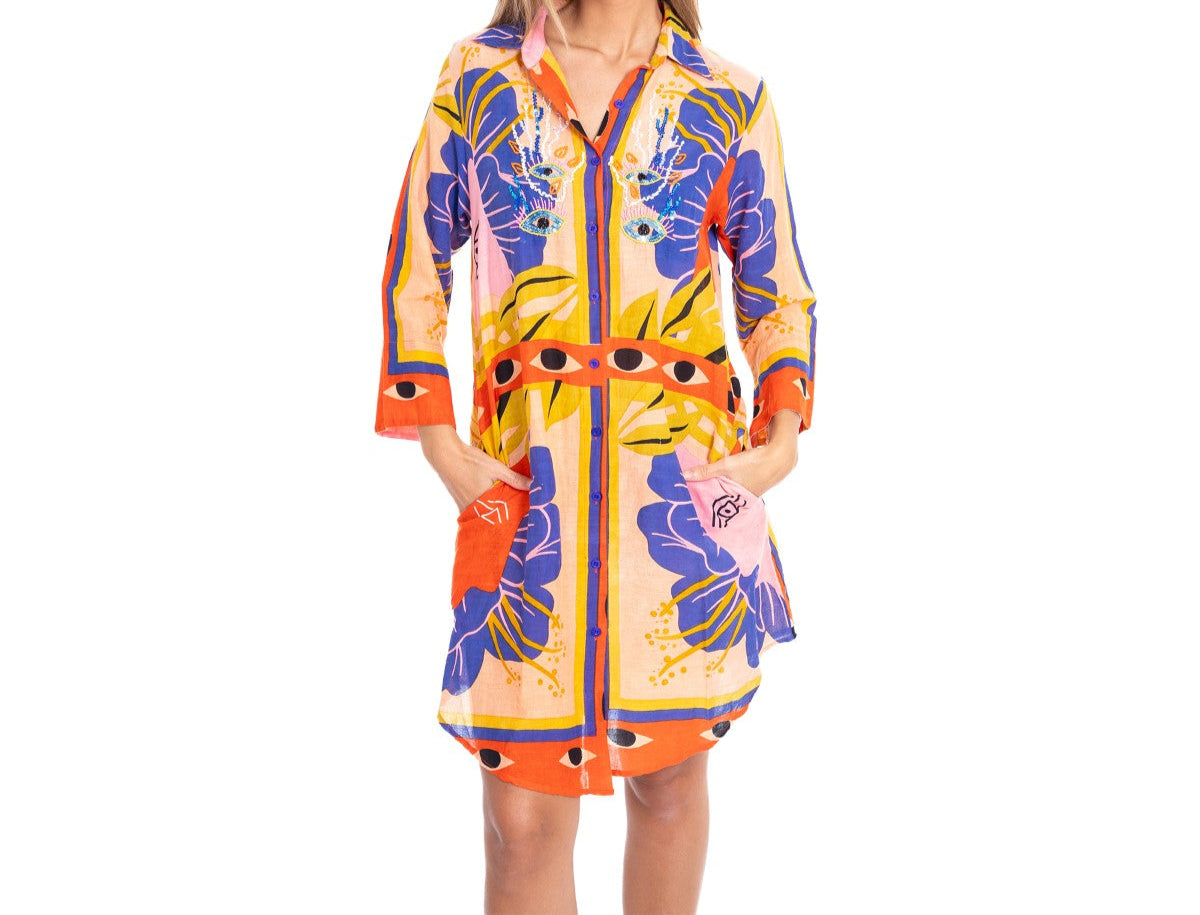 Beaded Shirt Dress in Eye Print