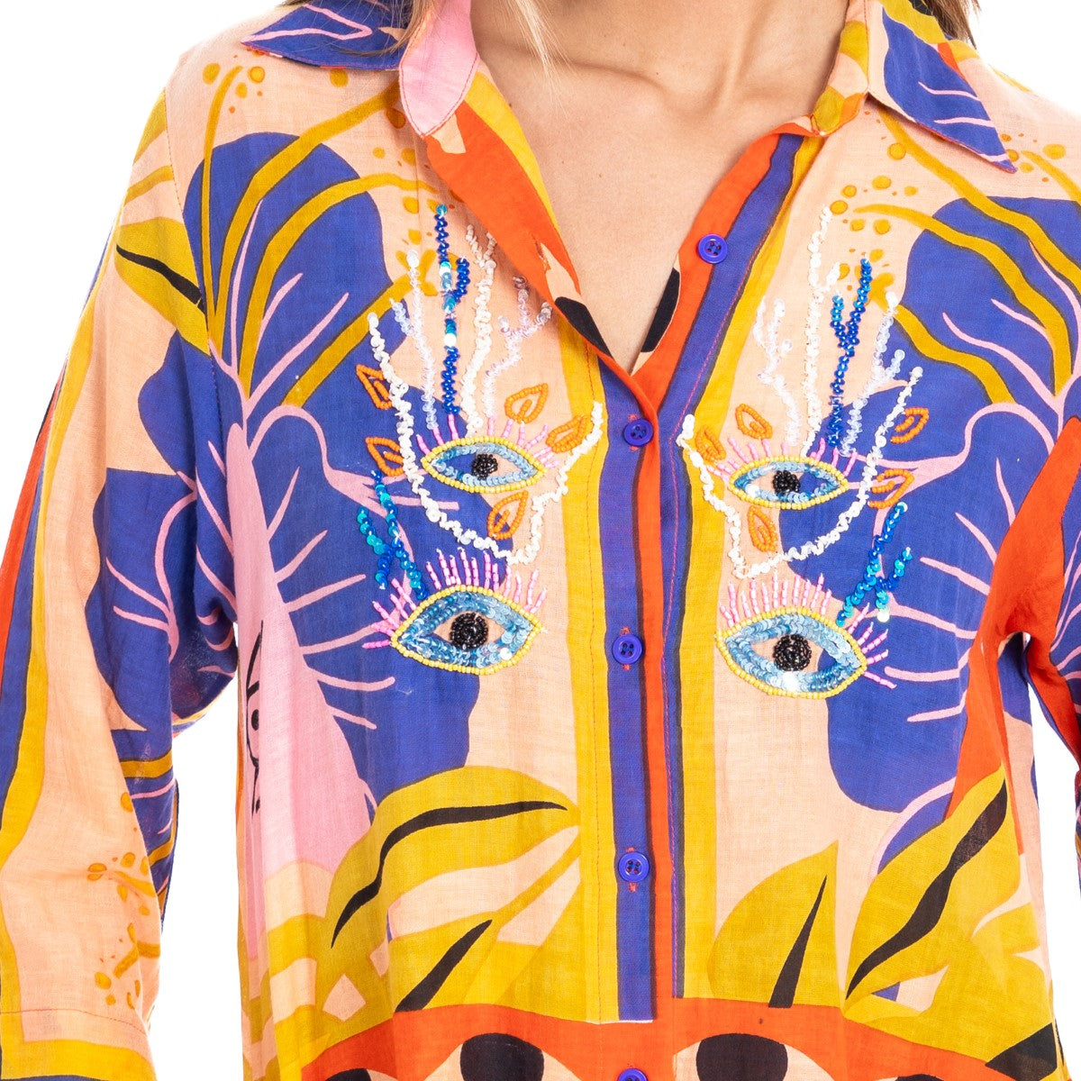 Beaded Shirt Dress in Eye Print