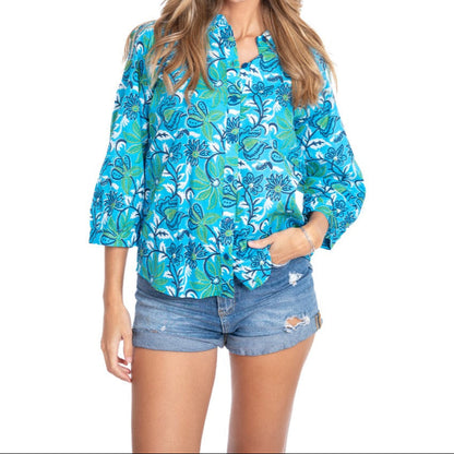 Printed Cotton 3/4 Sleeve Shirt in Blue / Green Floral