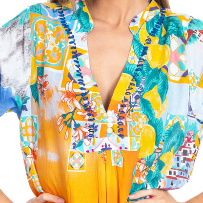 Colorful patterned top with a plunging neckline and vibrant colors.