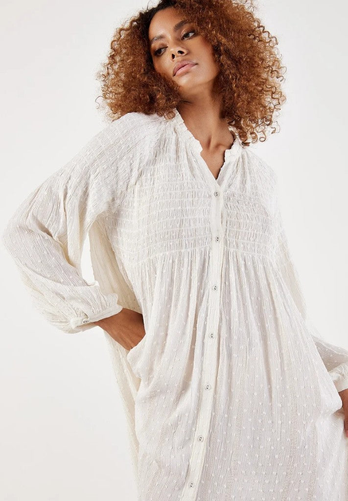 Long Sleeve Smocked Maxi Dress in Off White