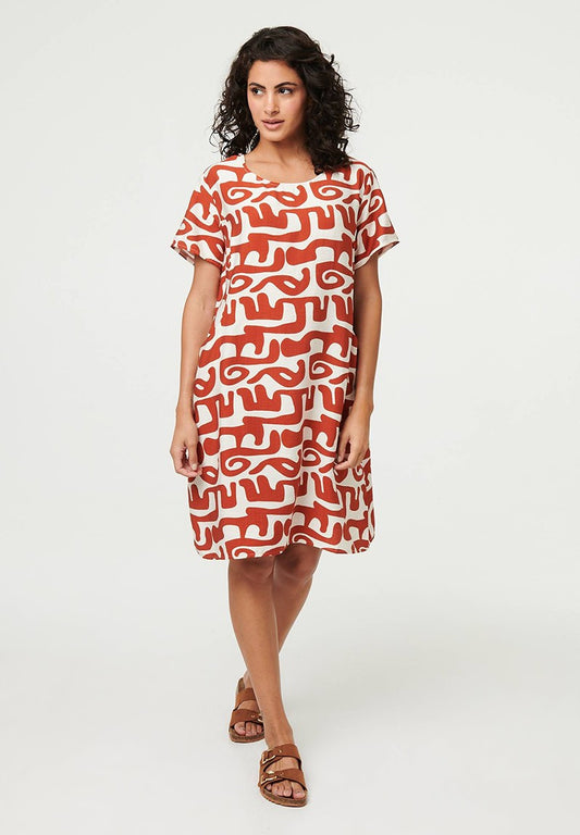 Short Sleeve Printed Dress with Pocket in Rust