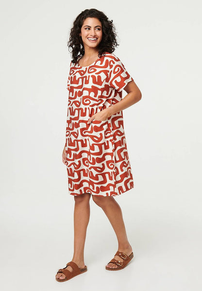 Short Sleeve Printed Dress with Pocket in Rust