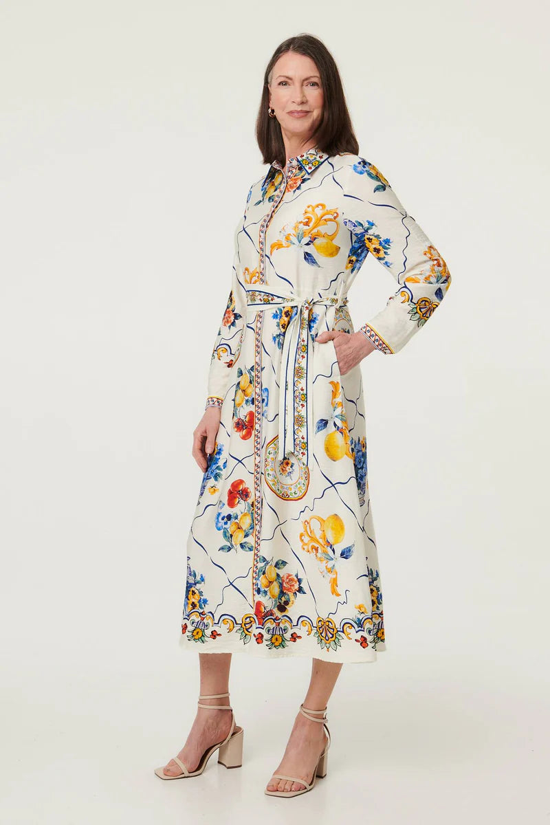 Pattern Beige Maxi Long Sleeve Dress