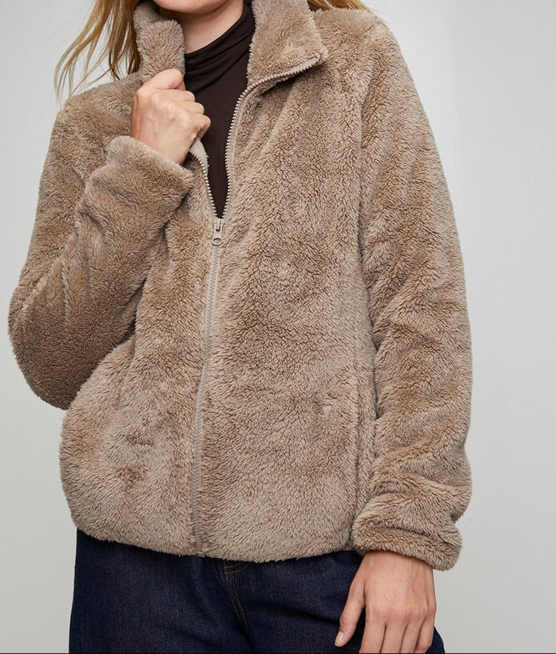 Zip Up Teddy Jacket in Mocha