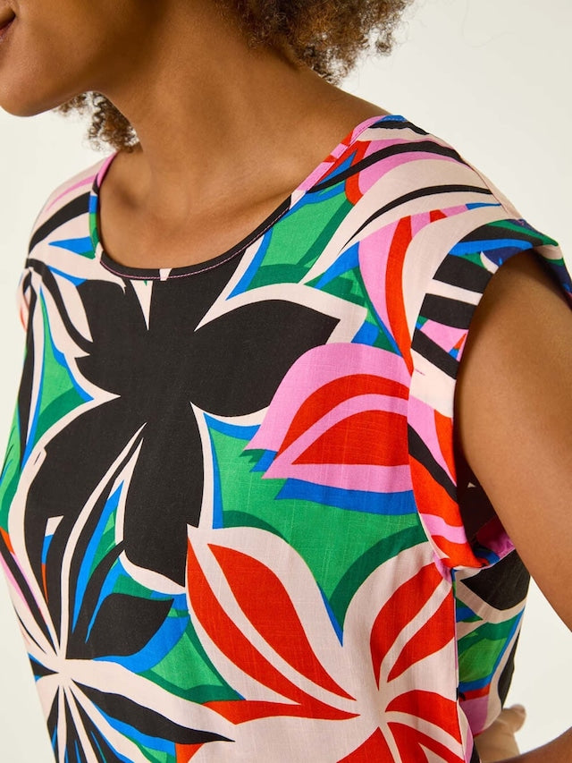 Floral Print Shell Top With Cuff Sleeves