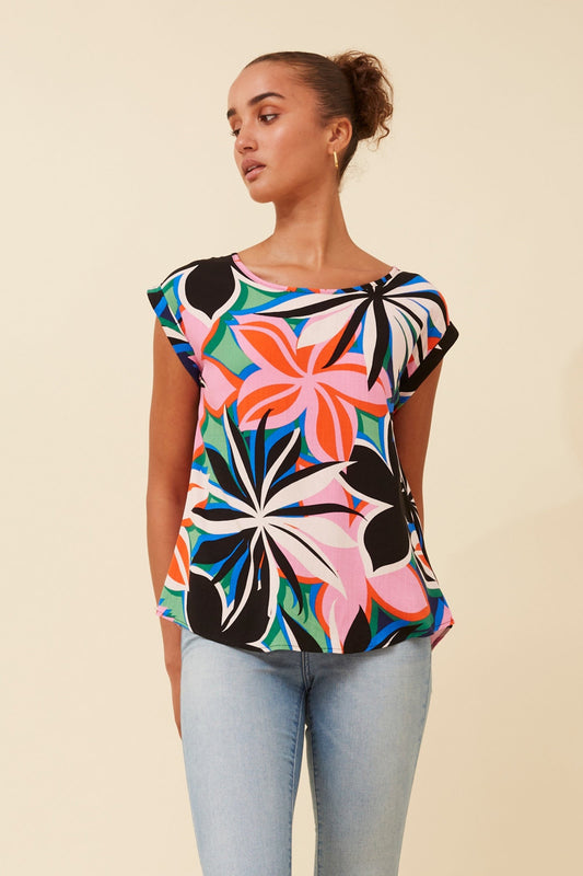Floral Print Shell Top With Cuff Sleeves