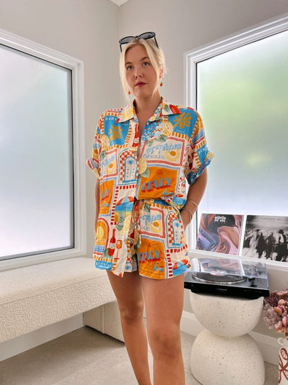 Printed Short Sleeve Curve Hem Shirt