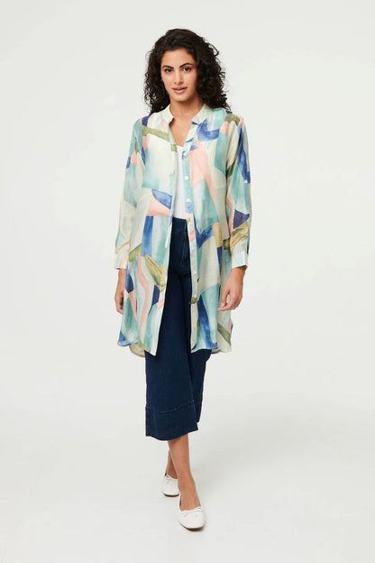 Abstract 3/4 Sleeve Short Shirt Dress in Mint
