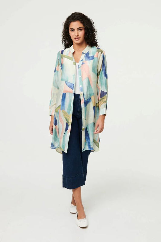 Abstract 3/4 Sleeve Short Shirt Dress in Mint