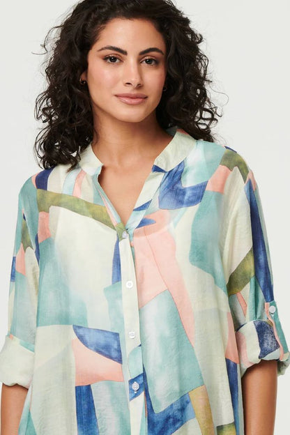 Abstract 3/4 Sleeve Short Shirt Dress in Mint