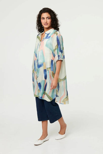 Abstract 3/4 Sleeve Short Shirt Dress in Mint