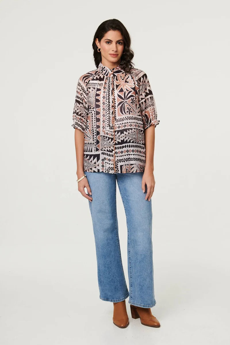 Abstract Pattern Print Top in Brown Multi
