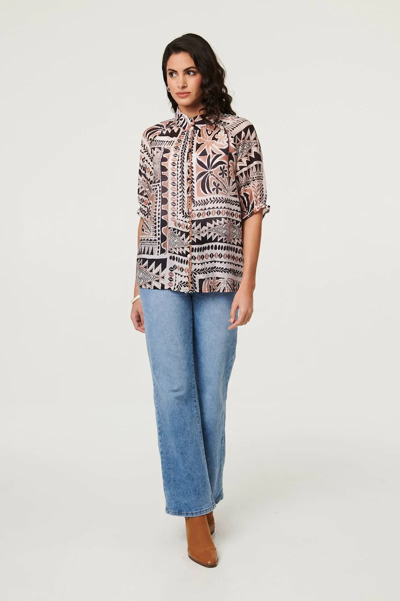 Abstract Pattern Print Top in Brown Multi