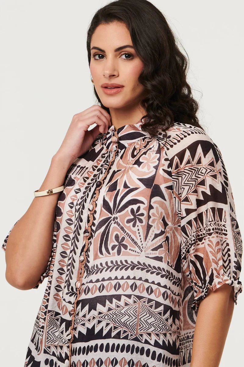 Abstract Pattern Print Top in Brown Multi