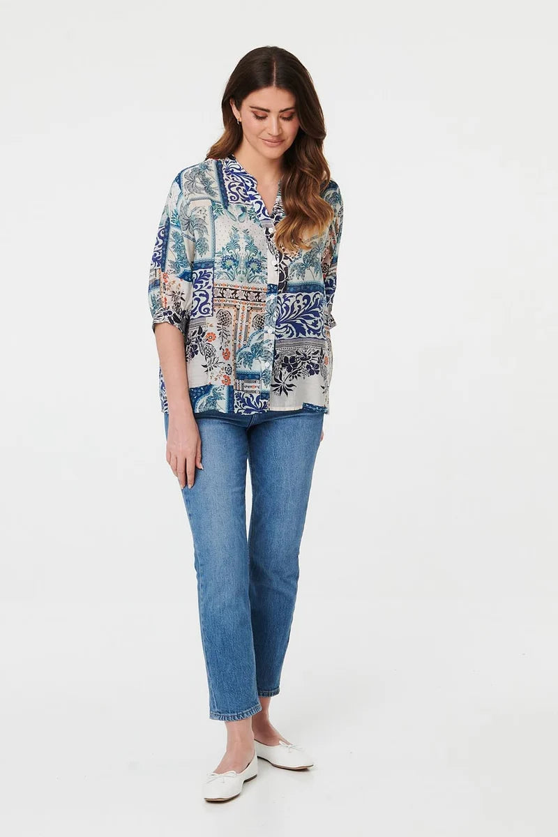 Patchwork 3/4 Sleeve Blouse in Blue Multi