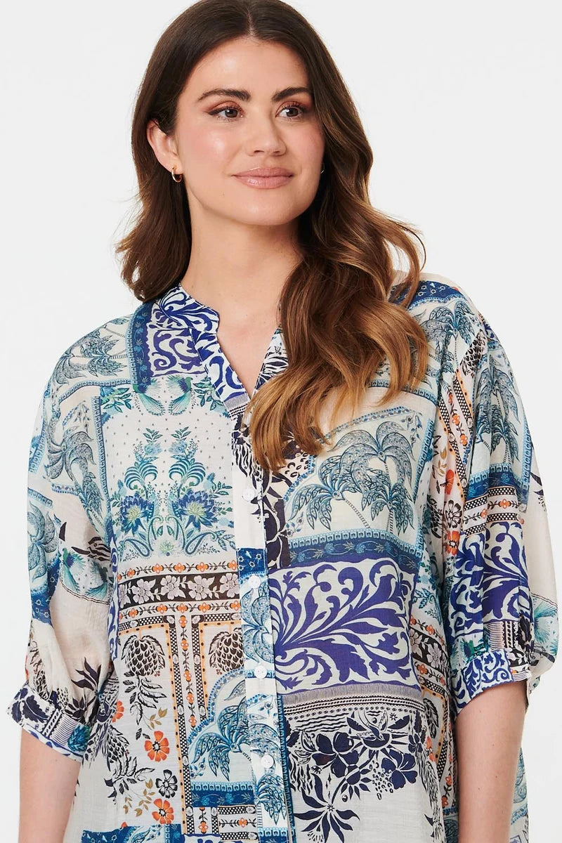 Patchwork 3/4 Sleeve Blouse in Blue Multi