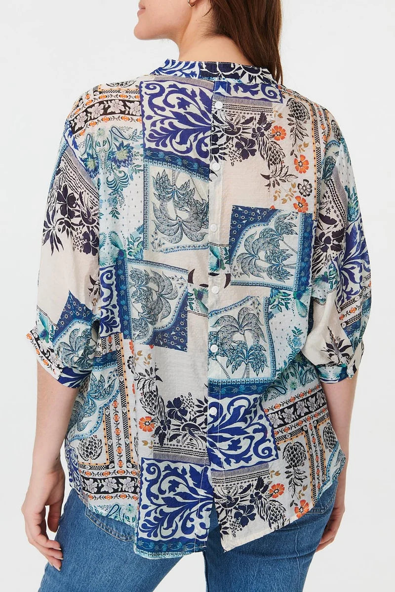 Patchwork 3/4 Sleeve Blouse in Blue Multi