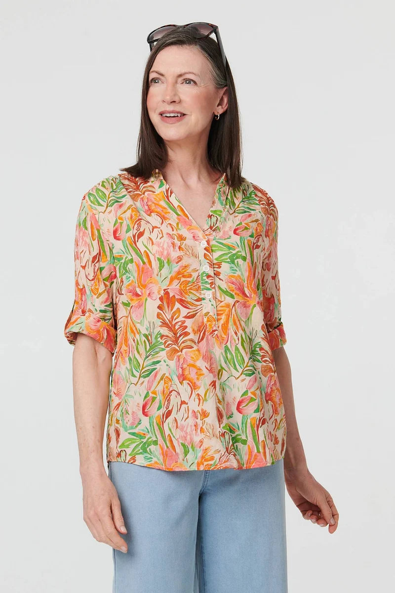 Cotton Blend Blouse in Orange Leaves
