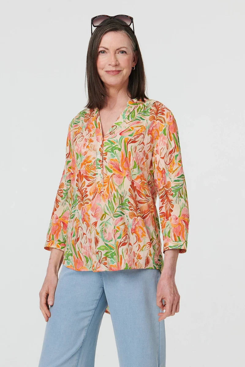 Cotton Blend Blouse in Orange Leaves