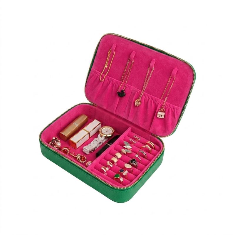 Large Jewellery Travel Case in Green / Pink