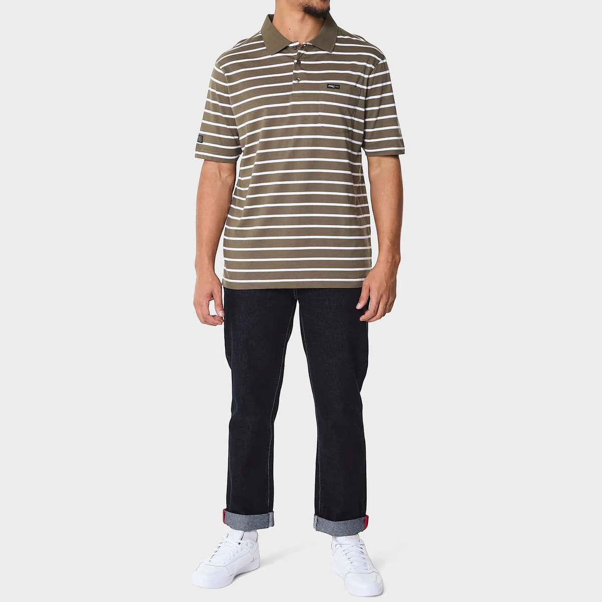 Yarndye Stripe Golfer in Olive / White
