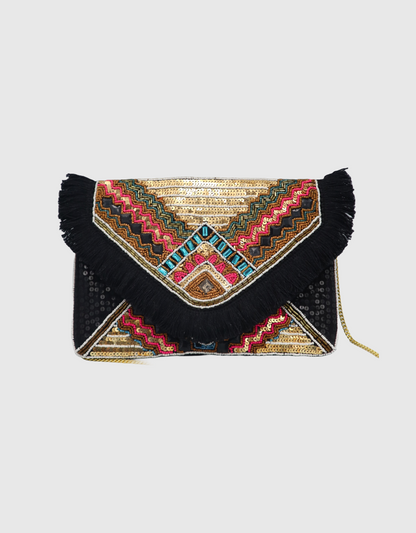 Beaded Envelope Clutch Bag in Black Fringe