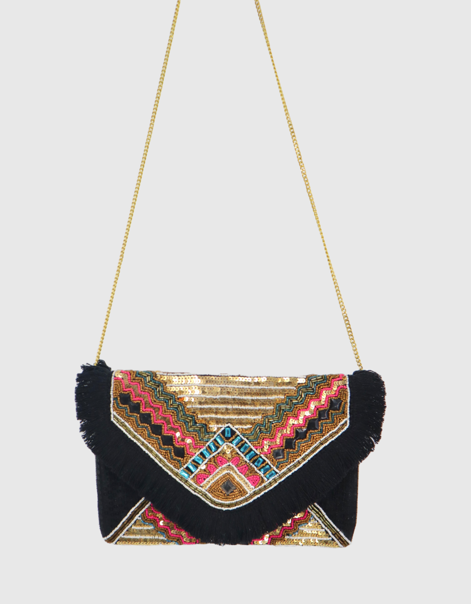 Beaded Envelope Clutch Bag in Black Fringe