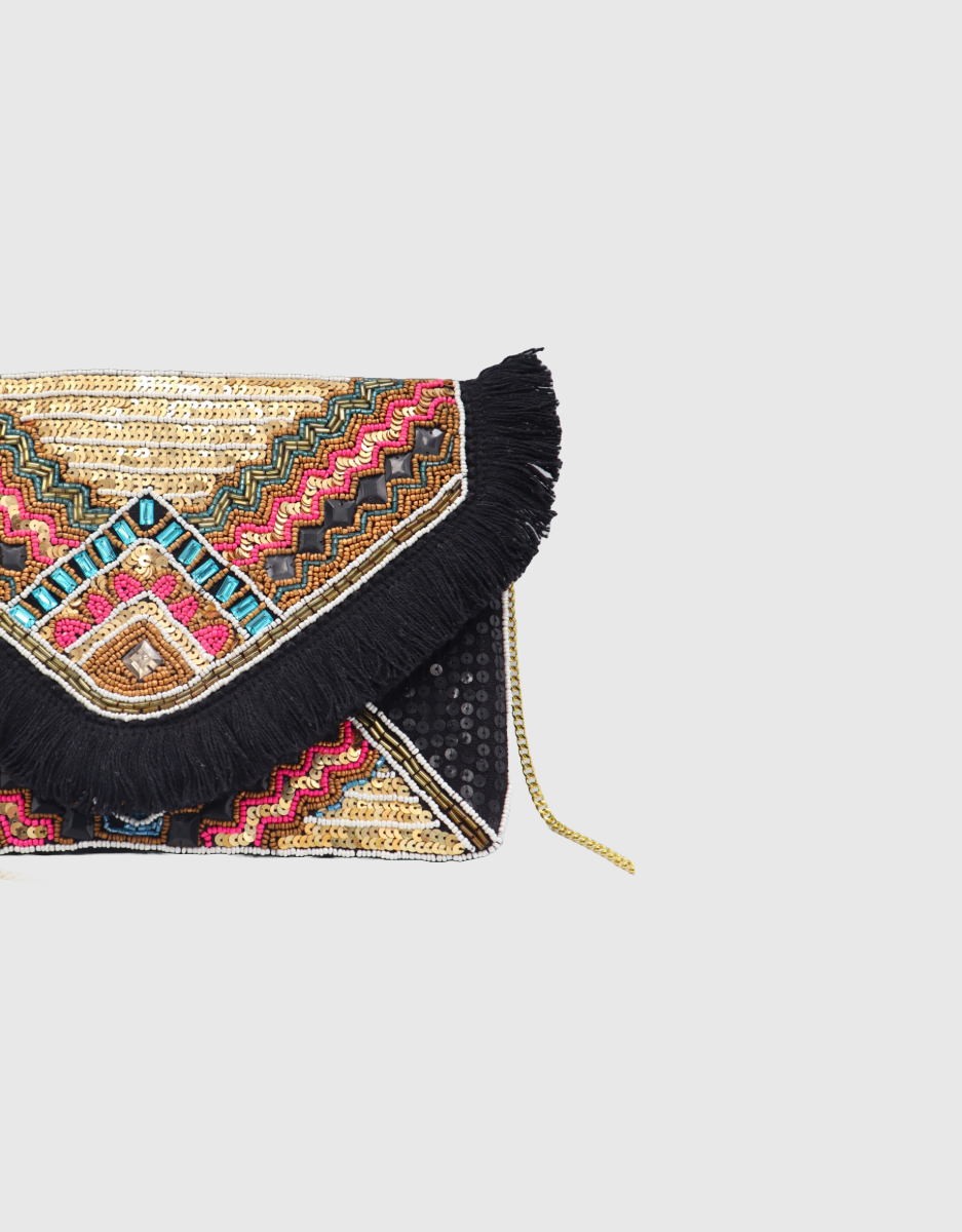 Beaded Envelope Clutch Bag in Black Fringe