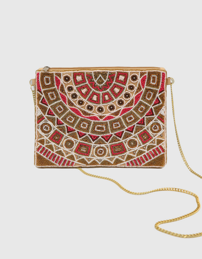 Beaded Zip Clutch Bag in Gold Berry