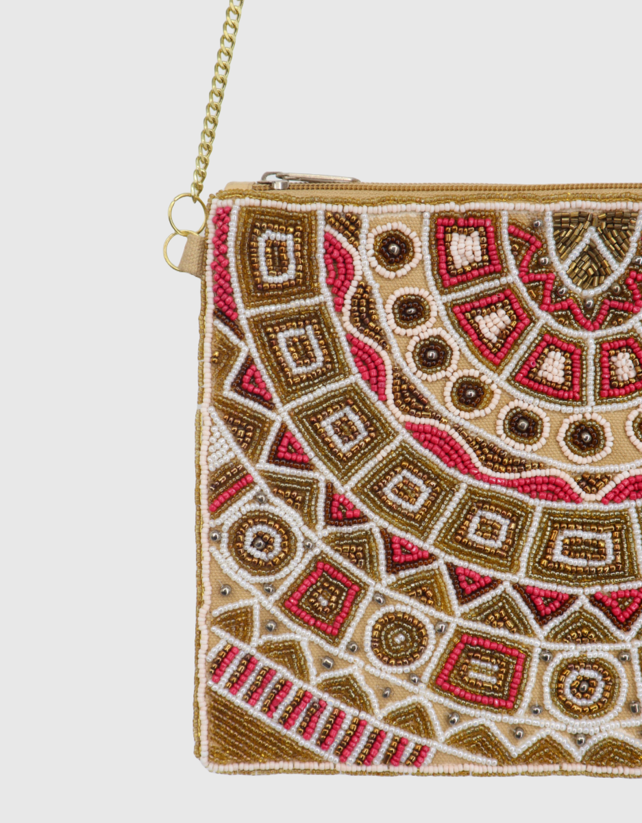 Beaded Zip Clutch Bag in Gold Berry