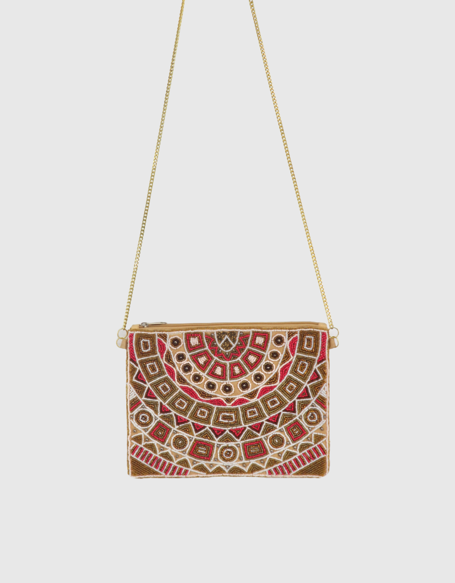 Beaded Zip Clutch Bag in Gold Berry