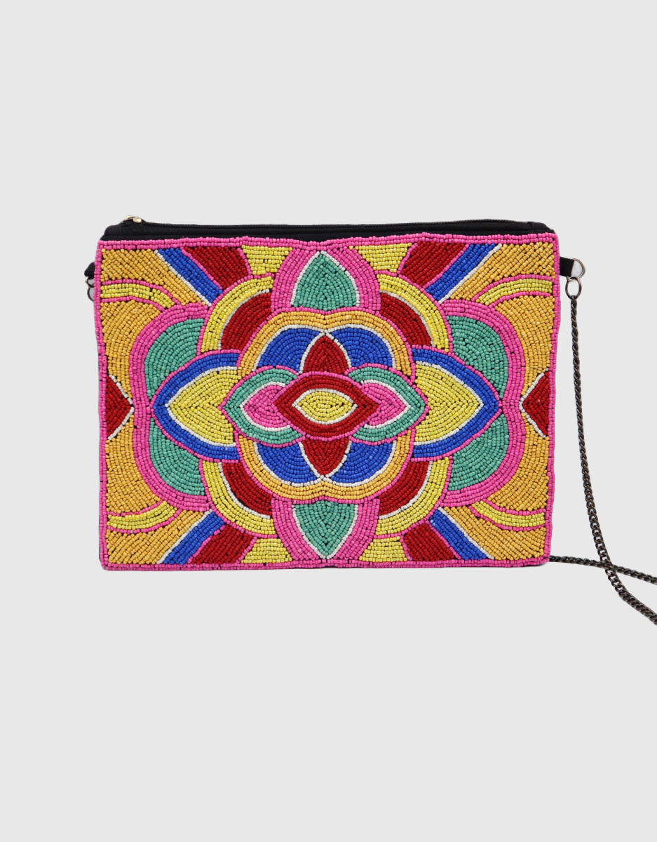 Beaded Zip Clutch Bag in Multi / Yellow