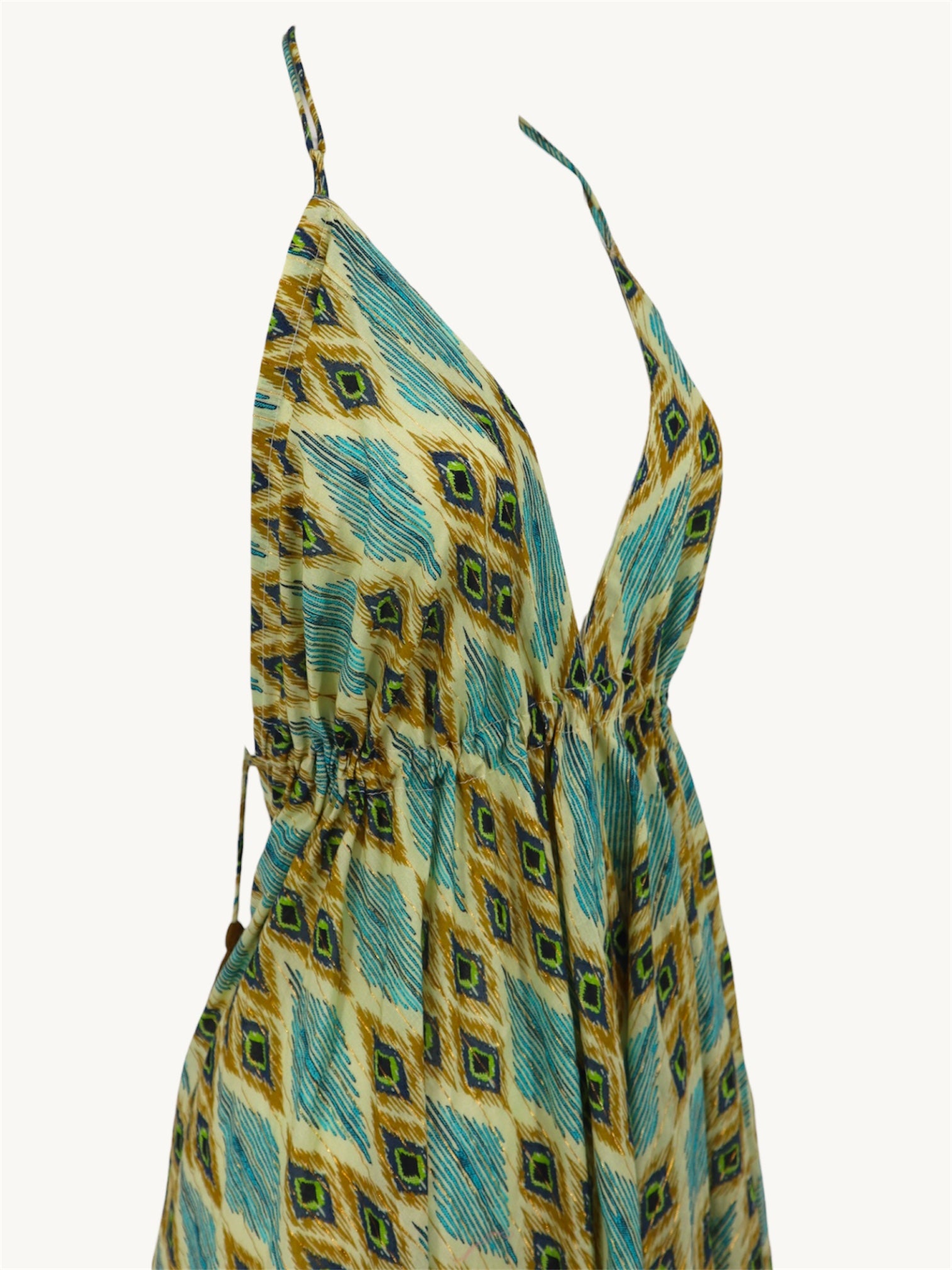 Cotton Open Back Dress in Green Diamonds