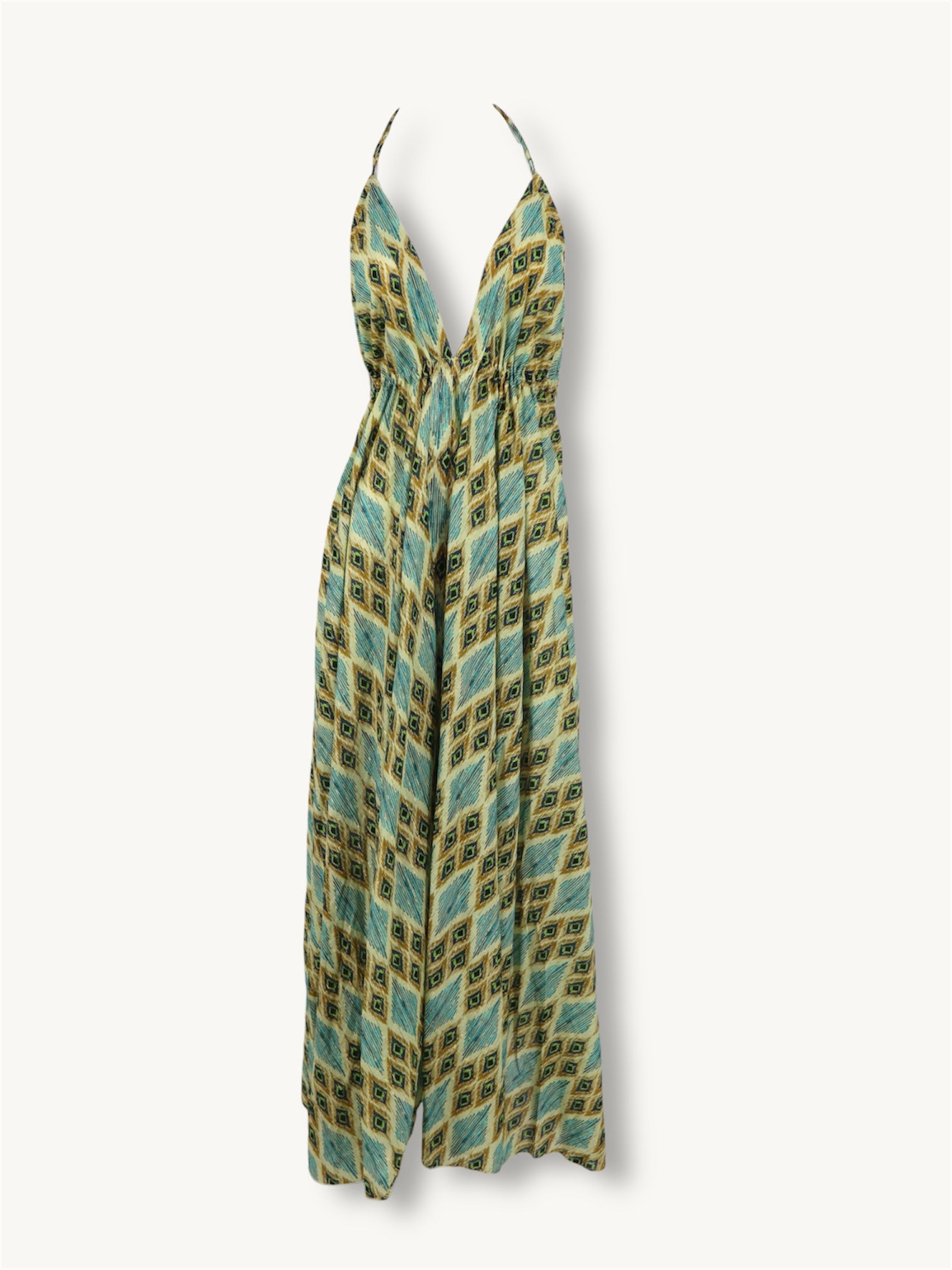 Cotton Open Back Dress in Green Diamonds
