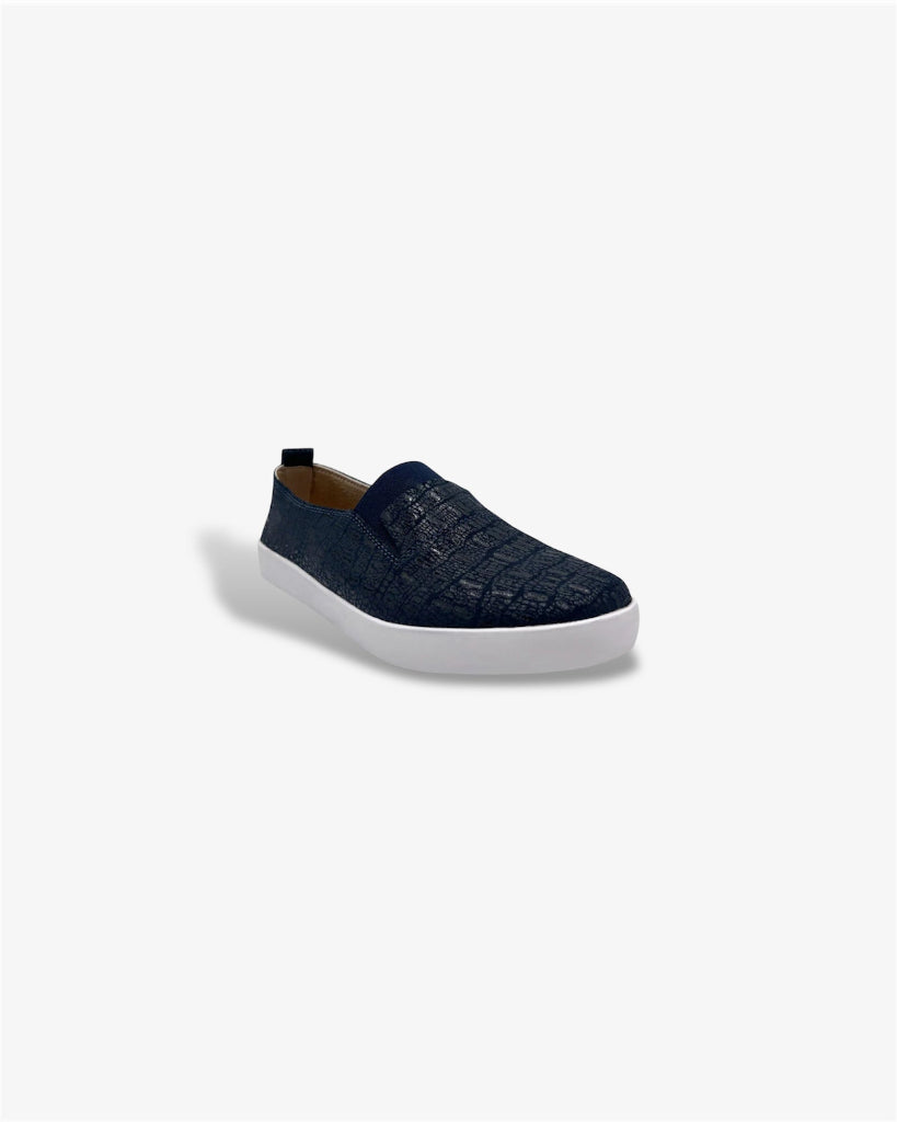 front view low slip on navy shoe with snakeskin print
