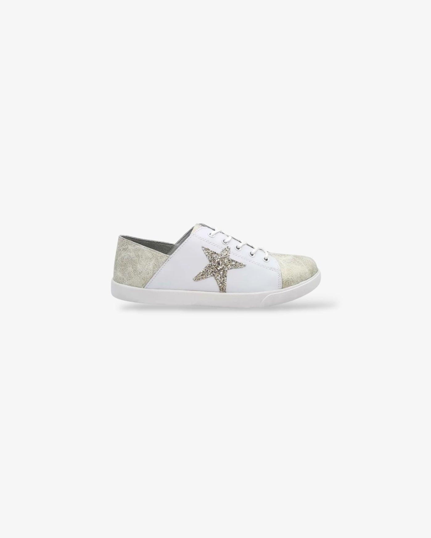 side view champagne gold and cream colored leather lace up sneaker