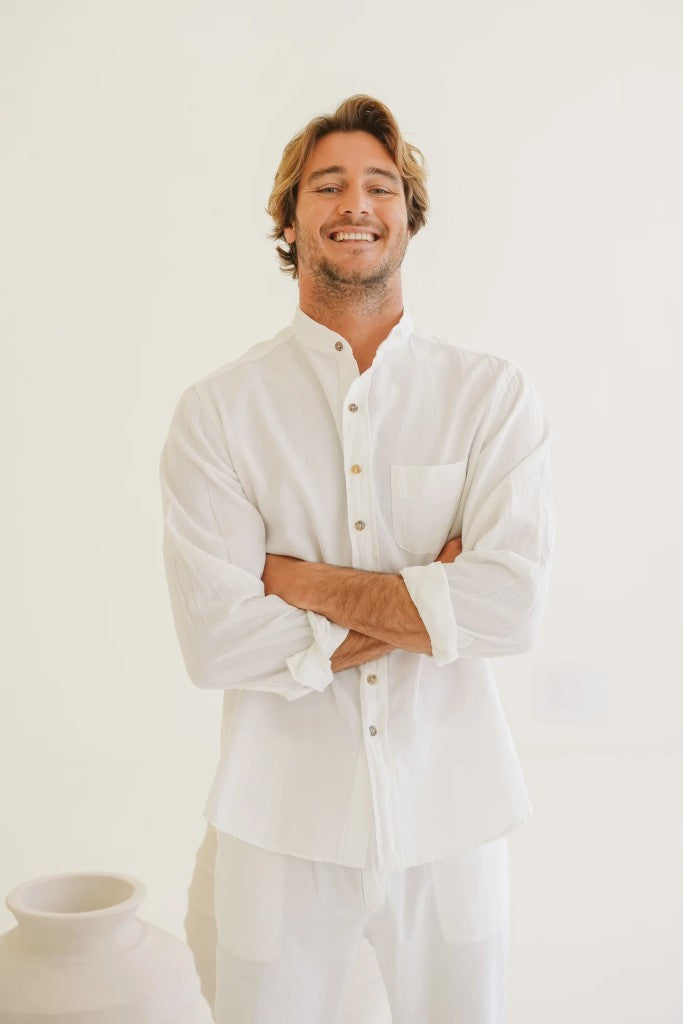 Adam Cotton Mandarin Collar Shirt in White