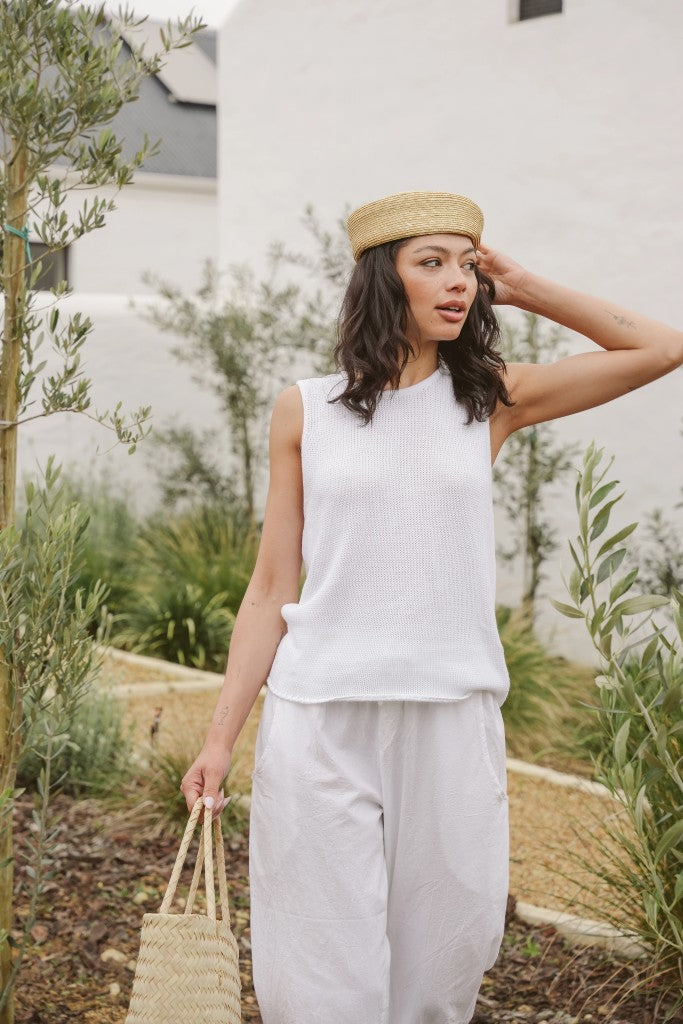 Allison Cotton Round Neck Vest in White