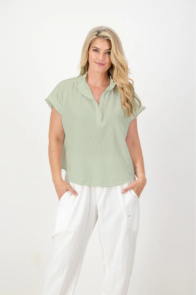 Coralie Cotton Frilly Top in Moss